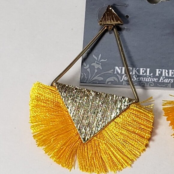 Gold Triangle Yellow Fringed Tassel Post Drop Earrings - 2.5" Women's Jewelry - Picture 5 of 9